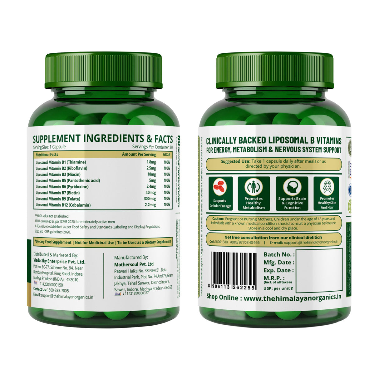 Vlado's Himalayan Organics Liposomal B-Complex | 100% RDA B1 | B12 for Energy | 60 Veg Capsules