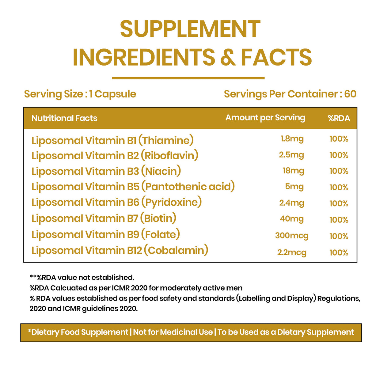 Vlado's Himalayan Organics Liposomal B-Complex | 100% RDA B1 | B12 for Energy | 60 Veg Capsules