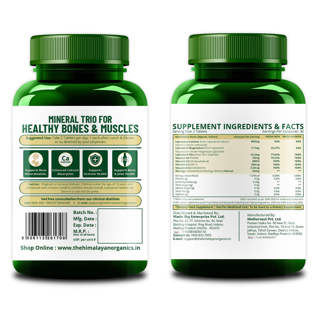 Vlado's Himalayan Organics Liposomal Calcium Magnesium Zinc | Bone & Immunity | 60 Veg Tablets