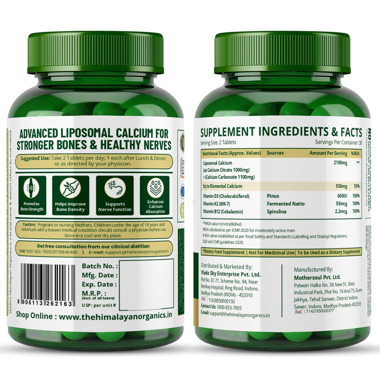 Vlado's Himalayan Organics Liposomal Calcium D3+K2 2100mg | Vitamin D3, K2 & B12 | 60 Veg Tablets
