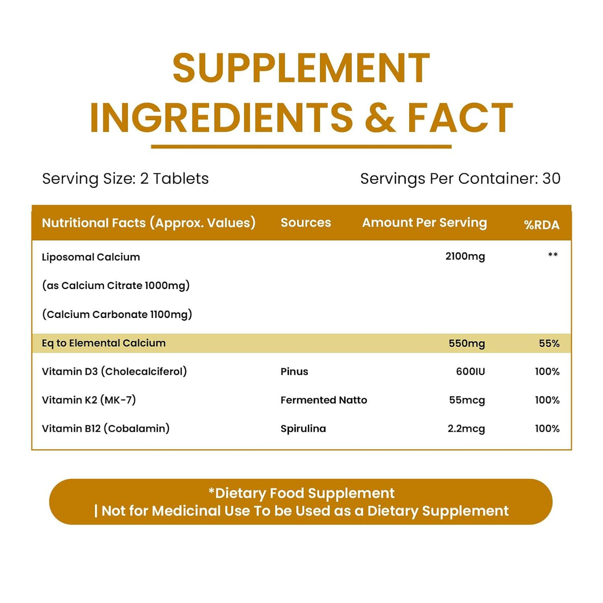 Vlado's Himalayan Organics Liposomal Calcium D3+K2 2100mg | Vitamin D3, K2 & B12 | 60 Veg Tablets
