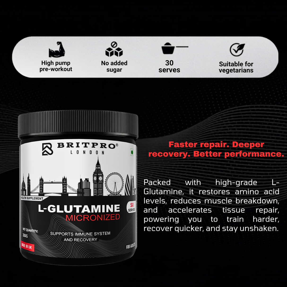 BRITPRO London L-Glutamine 250g - 50 Servings