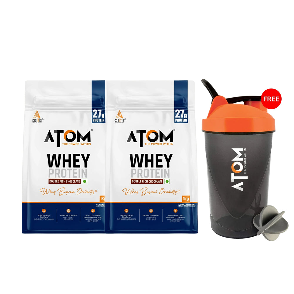 AS-IT-IS Atom Whey Protein with Digestive Enzymes - 2 kg (1 kg x 2) | Buy 2 + Get Atom Shaker Combo