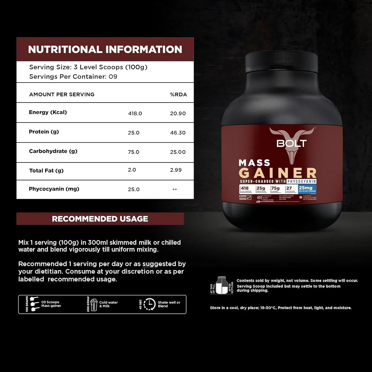 Bolt Nutrition Mass Gainer / Weight Gainer 2lb, 22 Servings