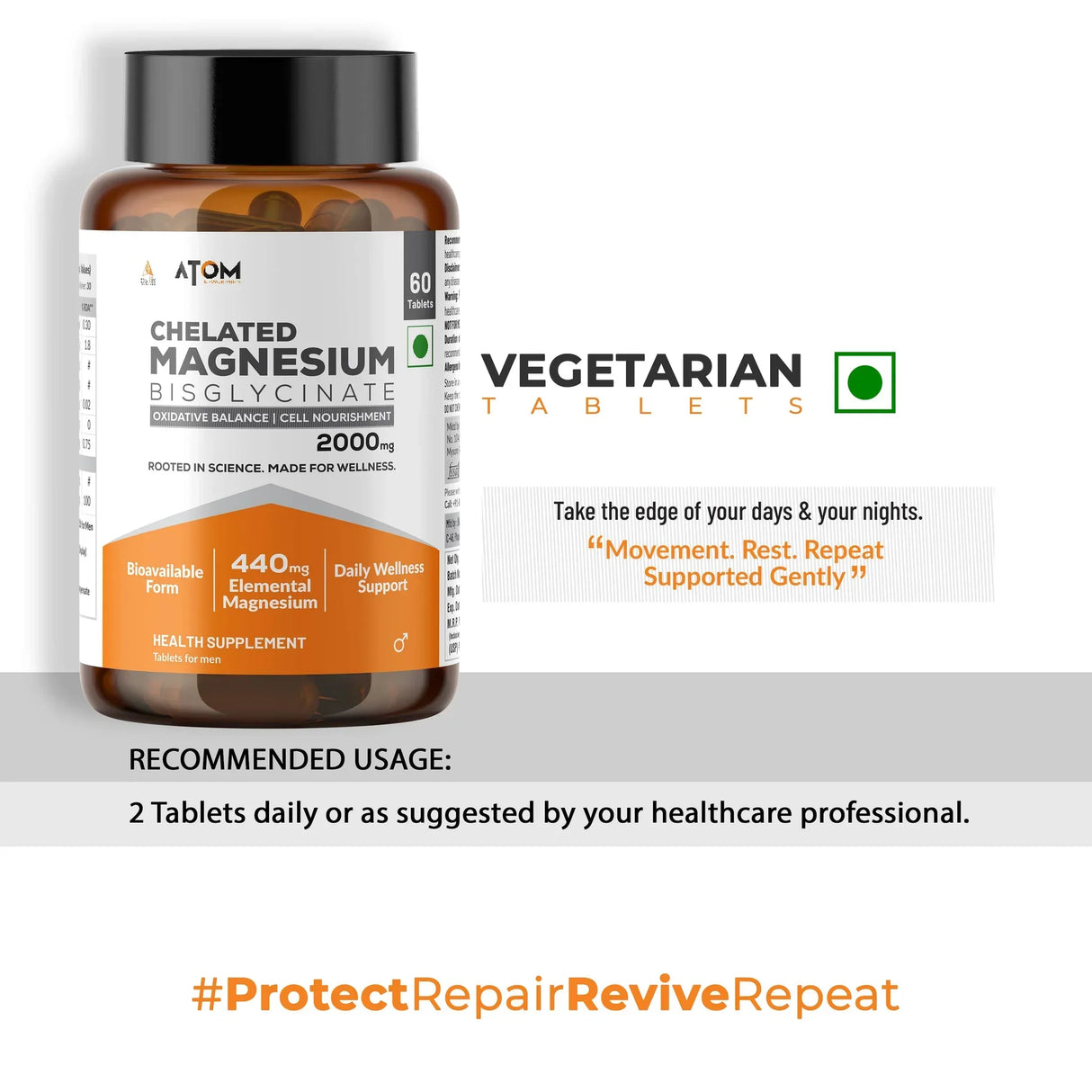AS-IT-IS ATOM Magnesium Bisglycinate, 440mg Elemental Mg - 60 Tablets