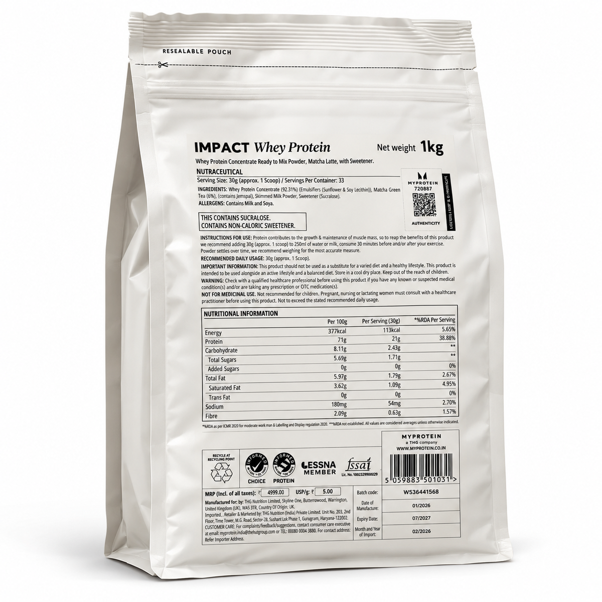 MyProtein Impact Whey Protein | 22g Protein | Supports Muscle Growth | 1 Kg, 33 Servings