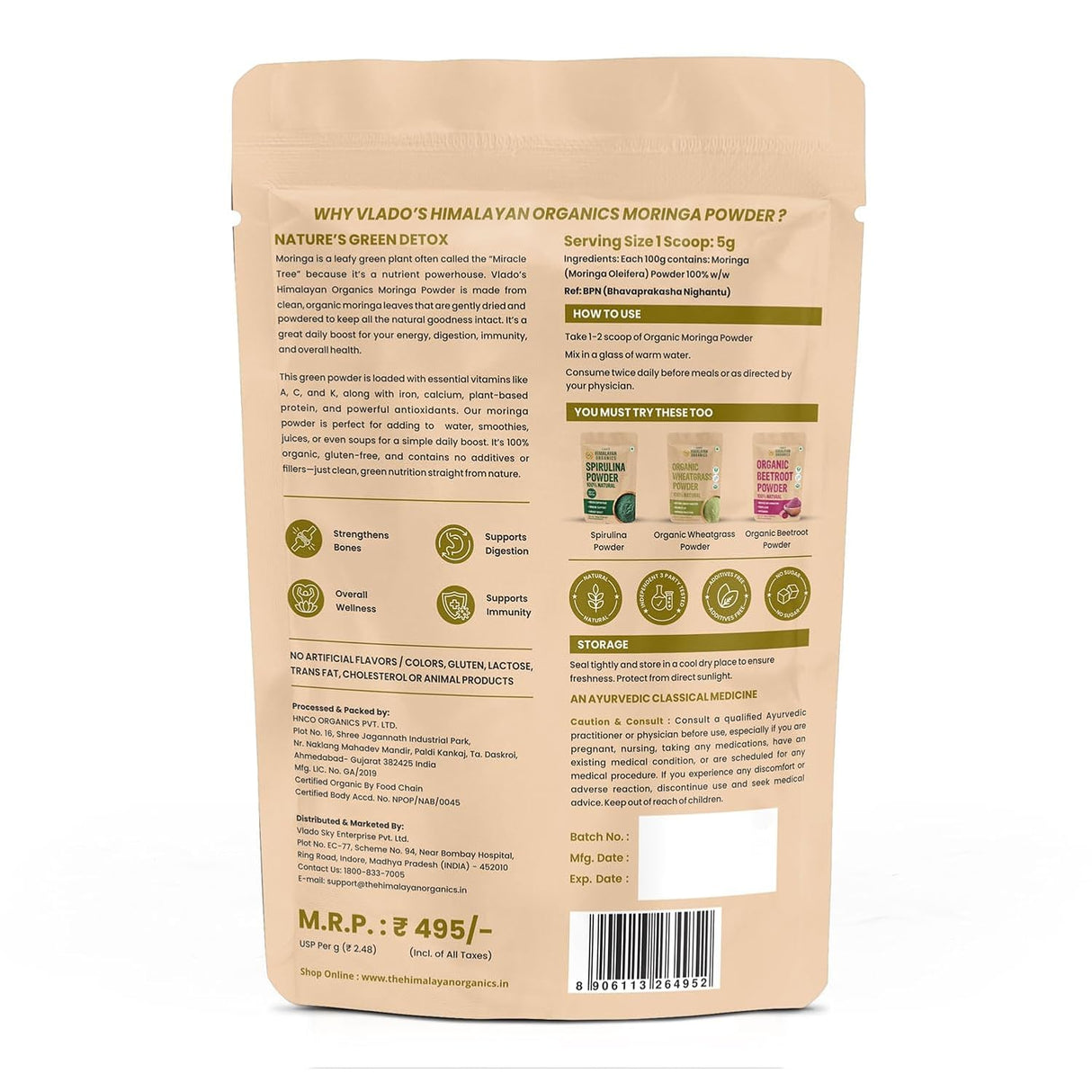 Vlado's Himalayan Organics, Moringa Powder, Nutrient-Rich Superfood - 200g