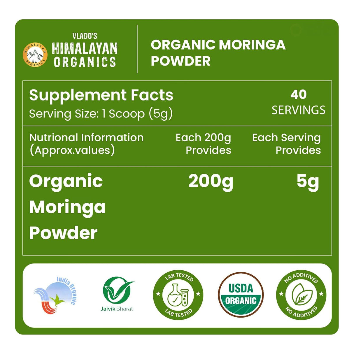 Vlado's Himalayan Organics, Moringa Powder, Nutrient-Rich Superfood - 200g
