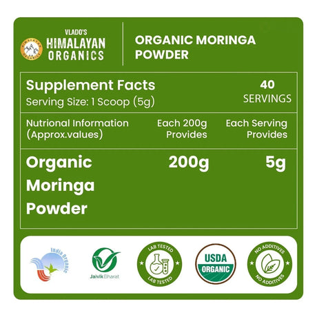 Vlado's Himalayan Organics, Moringa Powder, Nutrient-Rich Superfood - 200g