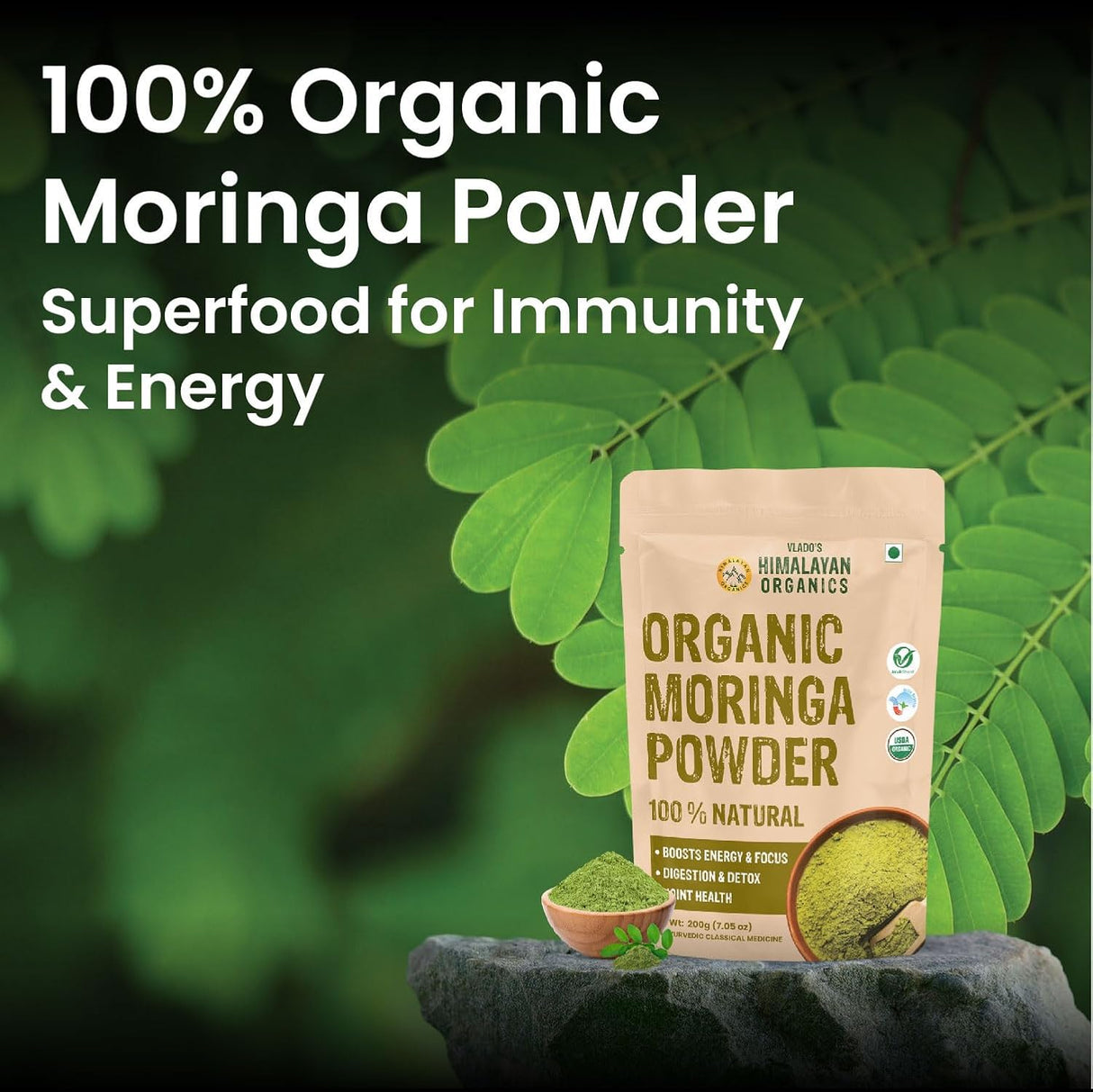 Vlado's Himalayan Organics, Moringa Powder, Nutrient-Rich Superfood - 200g