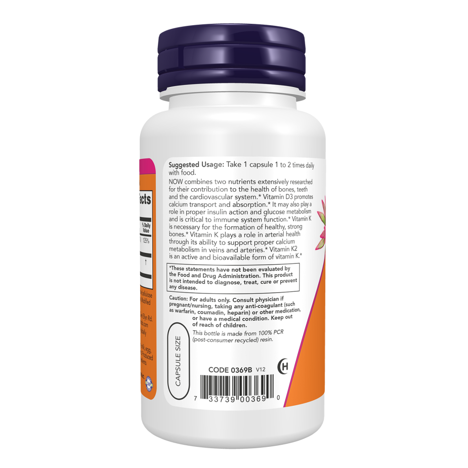 Now Foods Vitamin D3 K2 Supplement | 120 Capsules