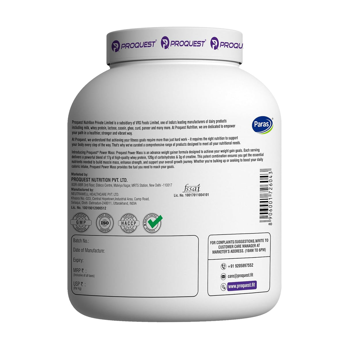 Proquest Nutrition Mass Gainer | High Calorie Weight Gainer | 557Kcal, 120G Carbs, 17G Protein, 3G Creatine | Muscle Growth & Recovery Supplement | 2.72 Kg