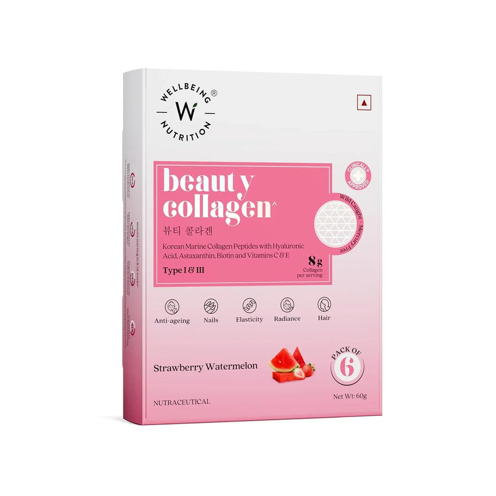 Wellbeing Nutrition Beauty Korean Marine Collagen | Type 1 & 3 Peptides, Hyaluronic Acid, Astaxanthin, Biotin, Vit C | Hydration, Elasticity, Hair Growth | 6 Sachets, 1 count, 48 grams
