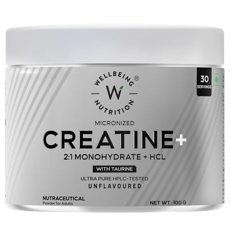 wellbeing nutrition 100% pure micronised creatine powder monohydrate and hcl 