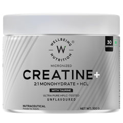 Wellbeing Nutrition 100% Pure Micronised Creatine Powder Monohydrate + HCL | Taurine | For Muscle Strength & Recovery, Muscle Growth & Cognition | 100g, 30 servings