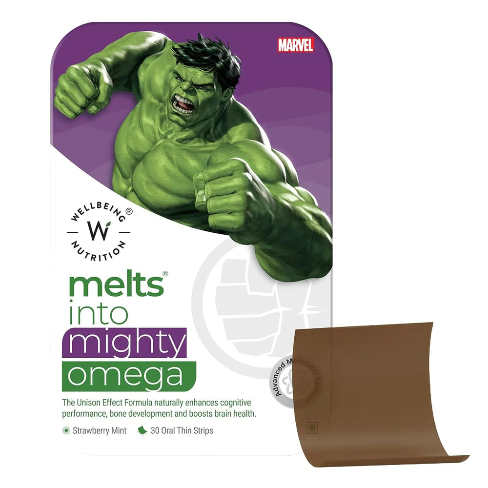 Wellbeing Nutrition Marvel Melts Vegan Omega 3 EPA & DHA for Kids | Lutein, Vitamin E | Supports Brain Development, Concentration, Eye & Heart Health | 30 Oral Strips