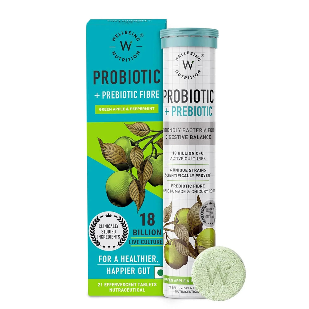 Wellbeing Nutrition Daily Probiotics + Prebiotics Gut Health Supplement | 18 Billion CFU with Organic Chicory Root | For Indigestion, Constipation, Gas & Immunity | 21 Effervescent Tablets