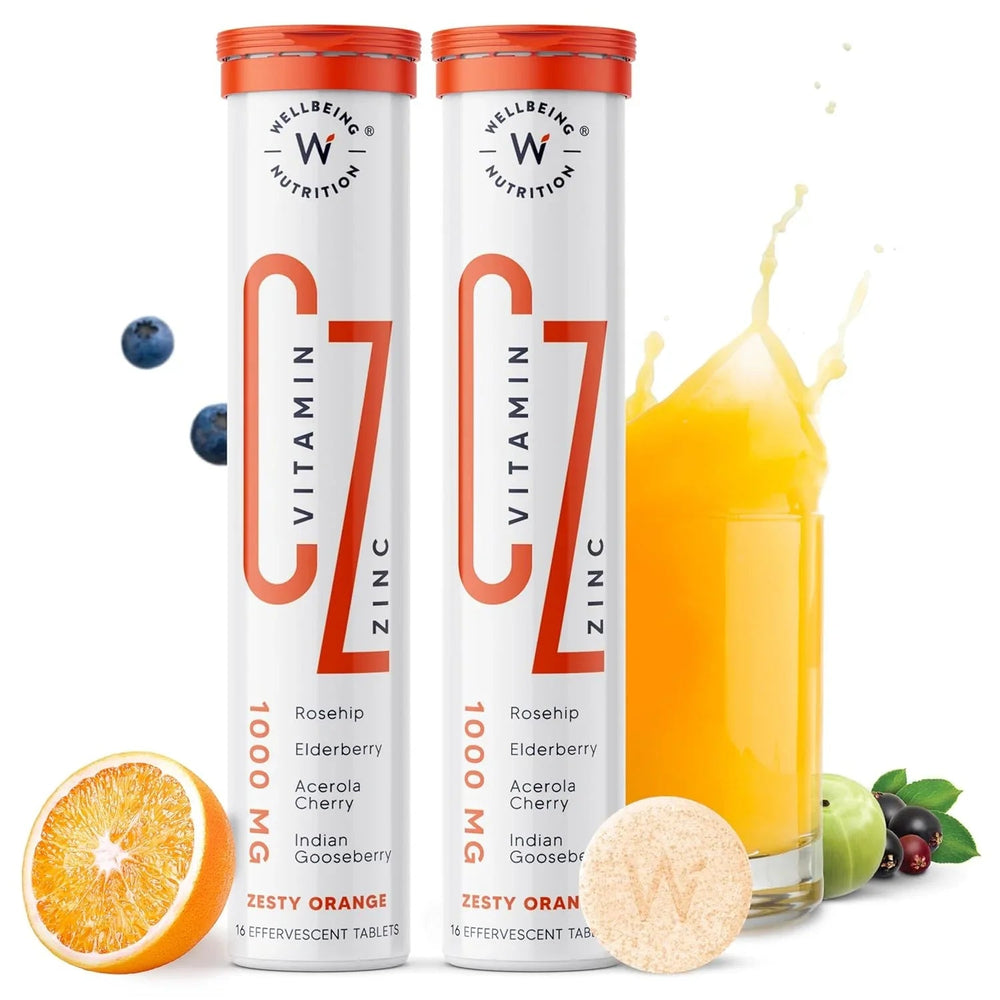 Wellbeing Nutrition Vitamin C + Zinc | Natural and Organic Immunity Booster | 100% RDA | 1000mg Vitamin C | 32 Effervescent Tablets