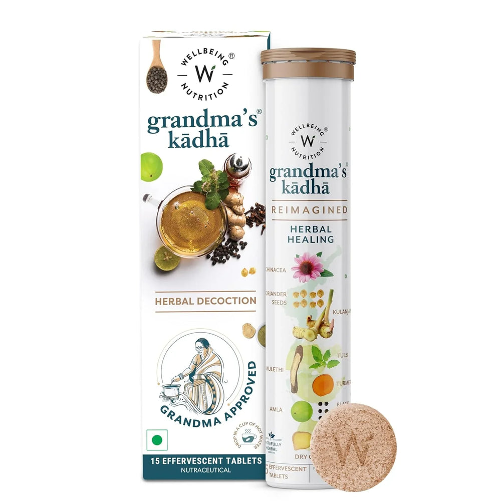 Wellbeing Nutrition Grandma's Kadha with Ayurvedic Herbs | Cold, Cough & Sore Throat Relief | Tulsi, Amla, Turmeric, Ginger, Mulethi, Adulsa | 15 Effervescent Tablets