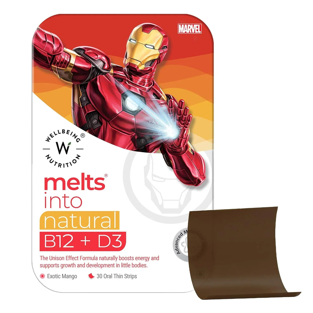 Wellbeing Nutrition Marvel Melts Vitamin B12, D3 & K2 (MK-7) for Kids | Supports Bone & Muscle Health, Cognitive Development & Energy, Heart Health | 30 Oral Strips