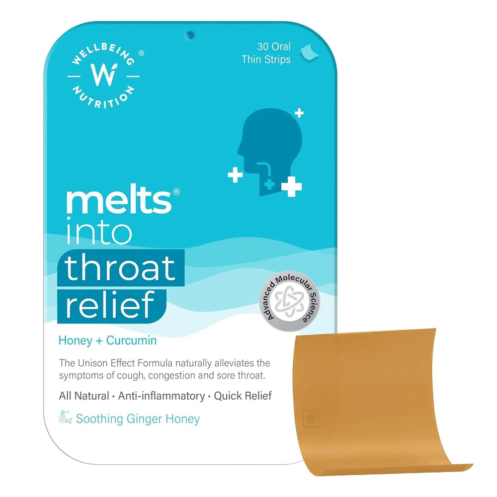 Wellbeing Nutrition Melts Instant Throat Relief | Organic Tulsi, Manuka Honey, Clove, Licorice, Curcumin, Ginger for Cough & Sore Throat | 30 Oral Strips