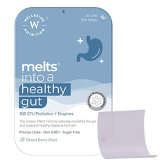 Wellbeing Nutrition Melts Healthy Gut | 10B CFU Probiotics, Digestive Enzymes, FOS | For Indigestion, Gas, Acidity and Bloating | 30 Oral Strips