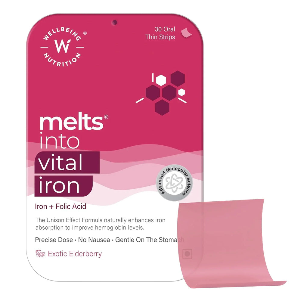 Wellbeing Nutrition Melts Vital Iron 19mg | Doctor Formulated Chelated Iron, Vitamin C, Folic Acid, Zinc, Beetroot & Pumpkin Seed | 30 Oral Strips