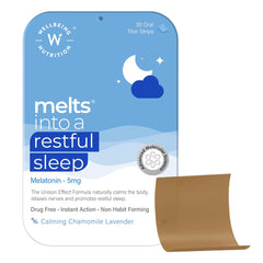 Wellbeing Nutrition Melts Restful Sleep Aid | Plant-Based Melatonin 5mg, Chamomile, Tagara, L-Theanine for Deep Sleep | 30 Oral Strips