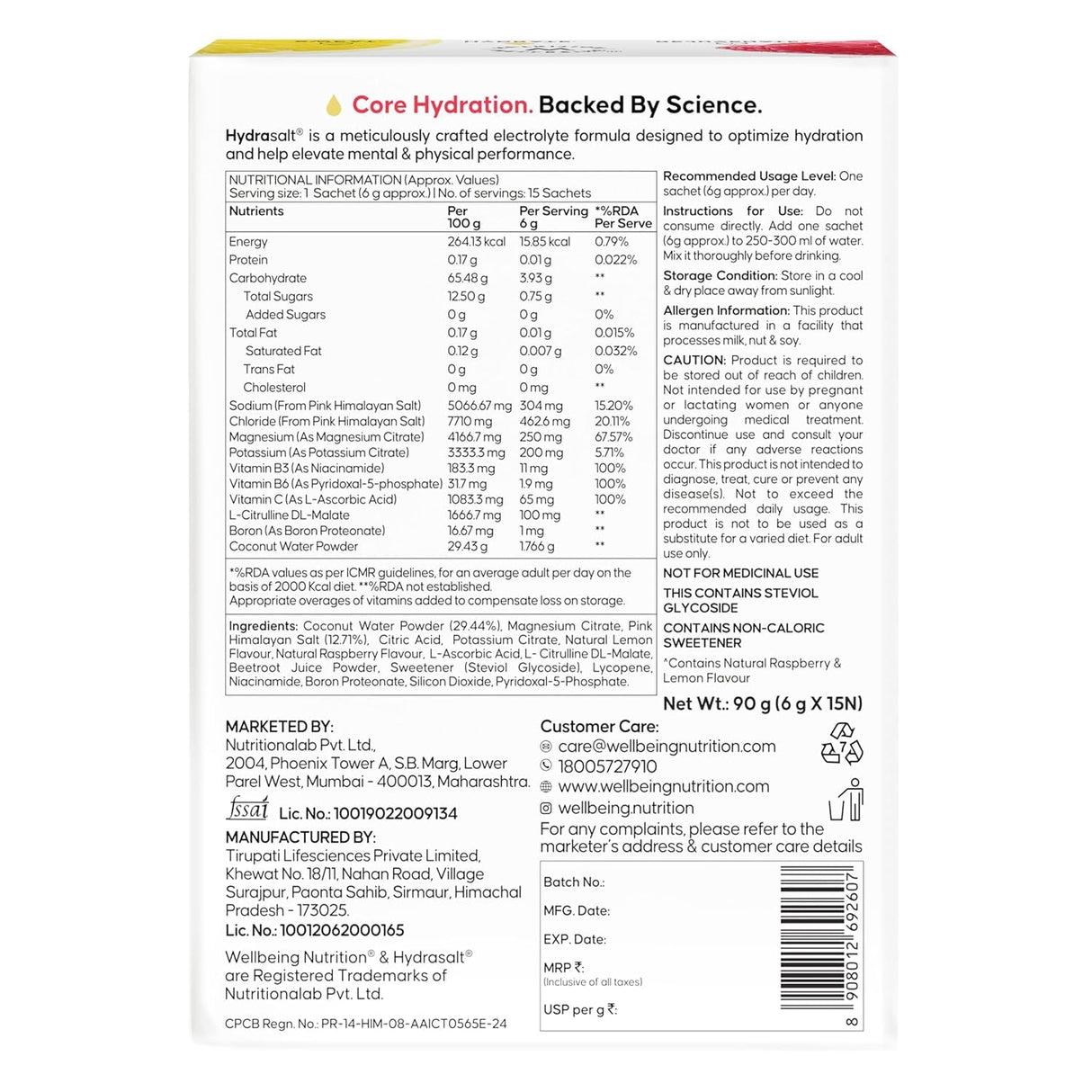 Wellbeing Nutrition HydraSalt Electrolyte Drink with Zero Added Sugar | 5 Electrolytes & 3 Vitamins for Instant Hydration, Energy, Performance & Recovery | 90g, Pack of 15
