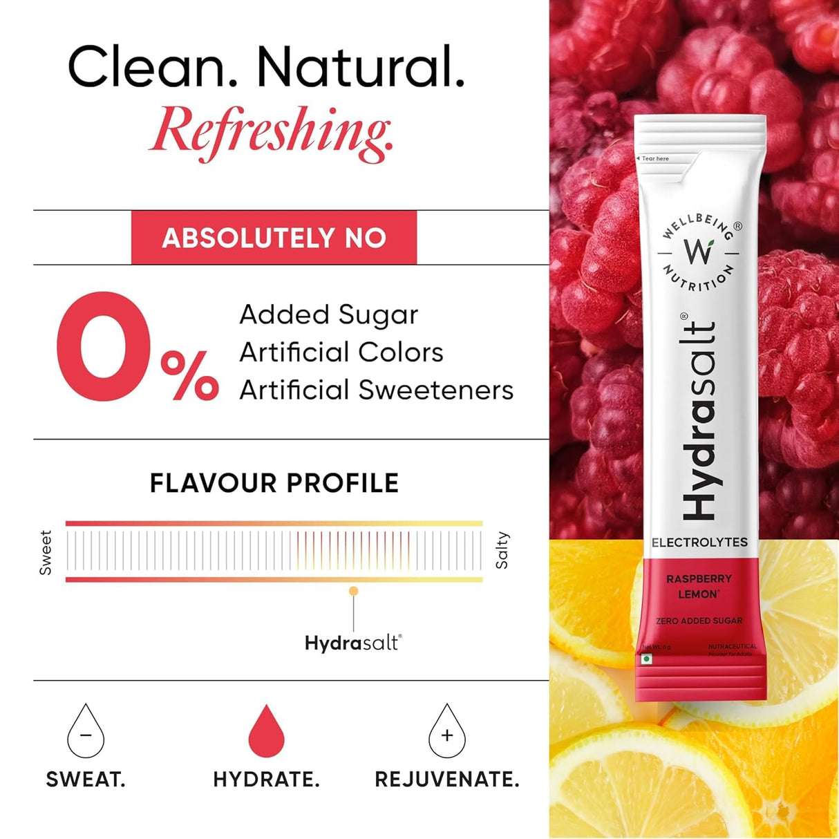 Wellbeing Nutrition HydraSalt Electrolyte Drink with Zero Added Sugar | 5 Electrolytes & 3 Vitamins for Instant Hydration, Energy, Performance & Recovery | 90g, Pack of 15