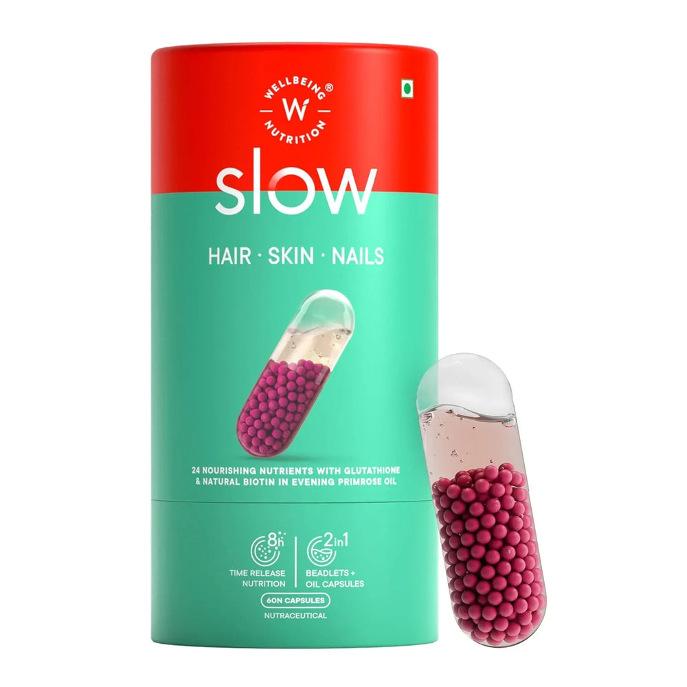 Wellbeing Nutrition Slow Skin Hair and Nails Capsules | 10,000mcg Biotin, Keratin, Vit C, Glutathione, HLA | Glowing Skin & Strong Hair | 60 Capsules