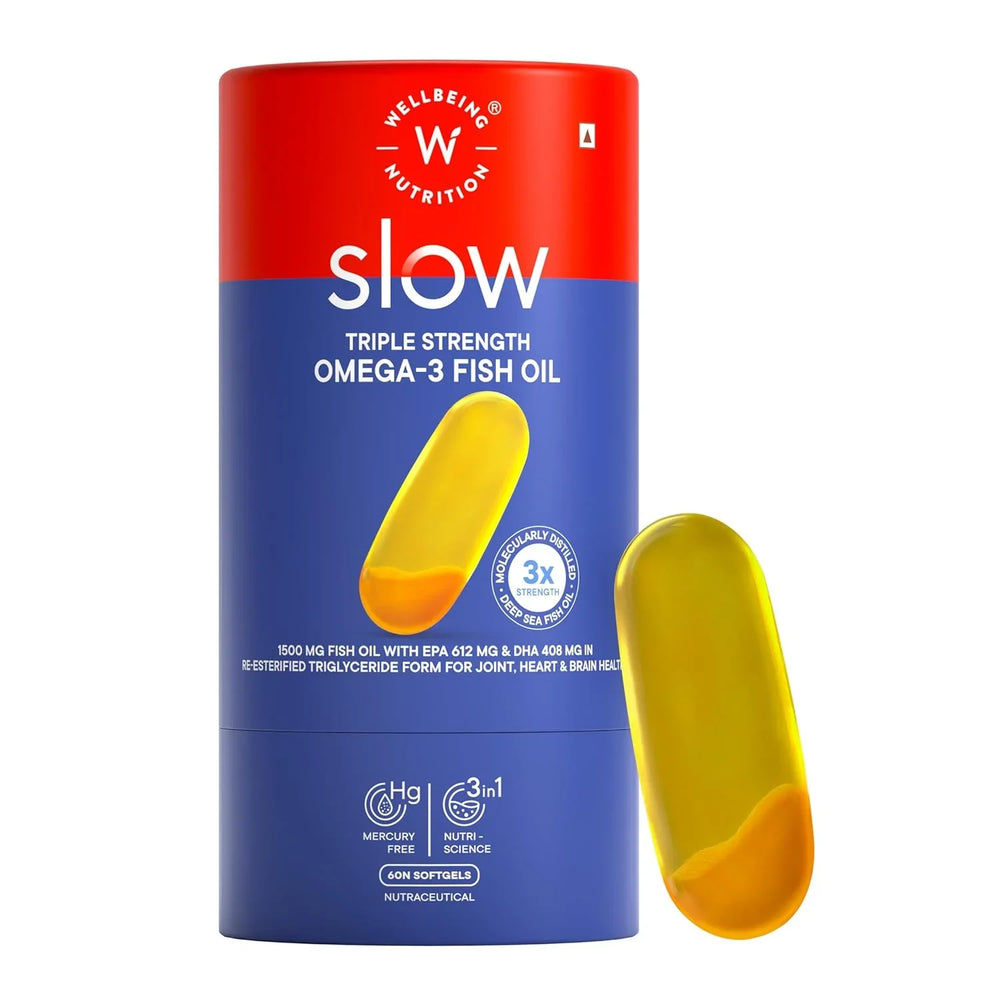 Wellbeing Nutrition Slow 3x Strength Omega 3 Fish Oil Capsules | 1500mg with EPA 612mg, DHA 408mg & Curcumin | Brain, Heart & Joint Health | 60 Softgels