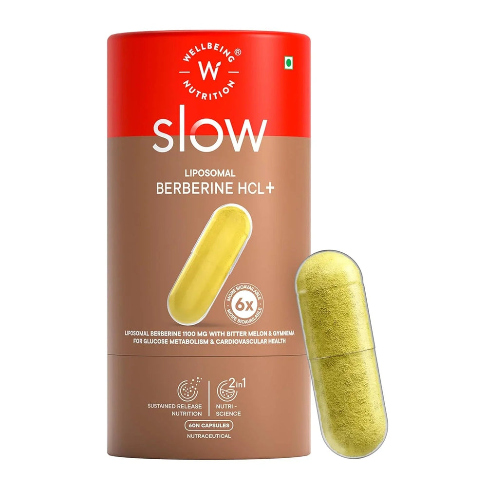 Wellbeing Nutrition Slow Liposomal Berberine HCL+ 1100mg | Karela, Cinnamon, Gymnema | Metabolism & Healthy Blood Sugar | 60 Veg Capsules