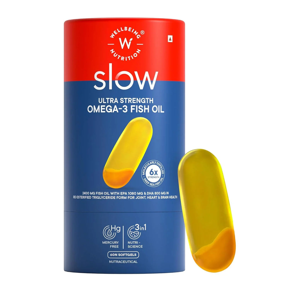 Wellbeing Nutrition Slow 6x Strength Omega 3 Fish Oil Capsules | 2400mg with EPA 1080mg, DHA 800mg & Curcumin | Brain, Heart & Joint Health | 60 Capsules