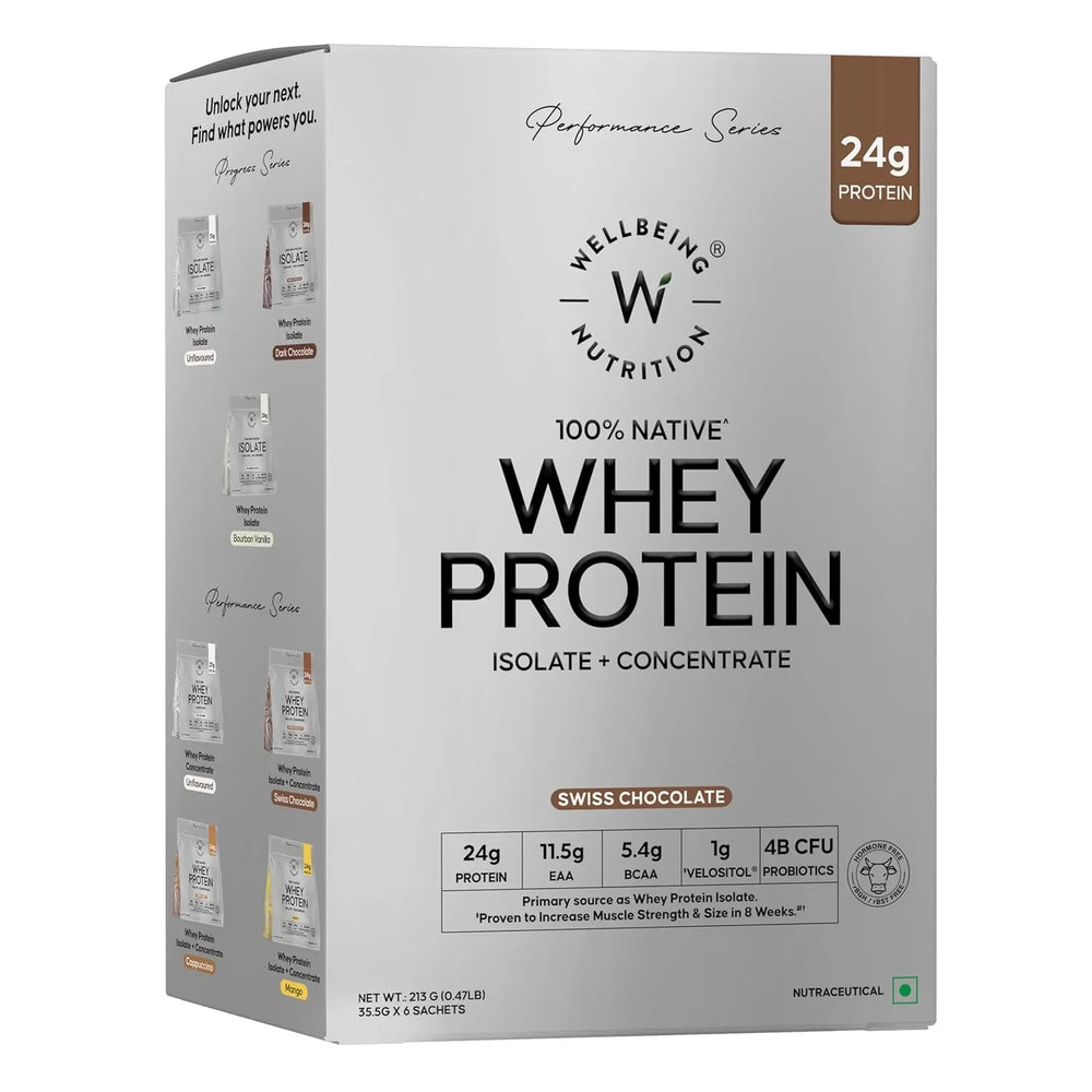 Wellbeing Nutrition Whey Protein Isolate + Concentrate | Box of 6 Sachets | 24g Protein, 11.6g EAA, 5.4g BCAA | 213g