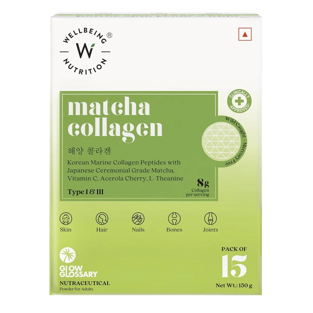 Wellbeing Nutrition Matcha Collagen for Skin Radiance | Korean Marine Collagen Peptides & Japanese Organic Matcha | Immunity, Gut Health & Hair | Pack of 15