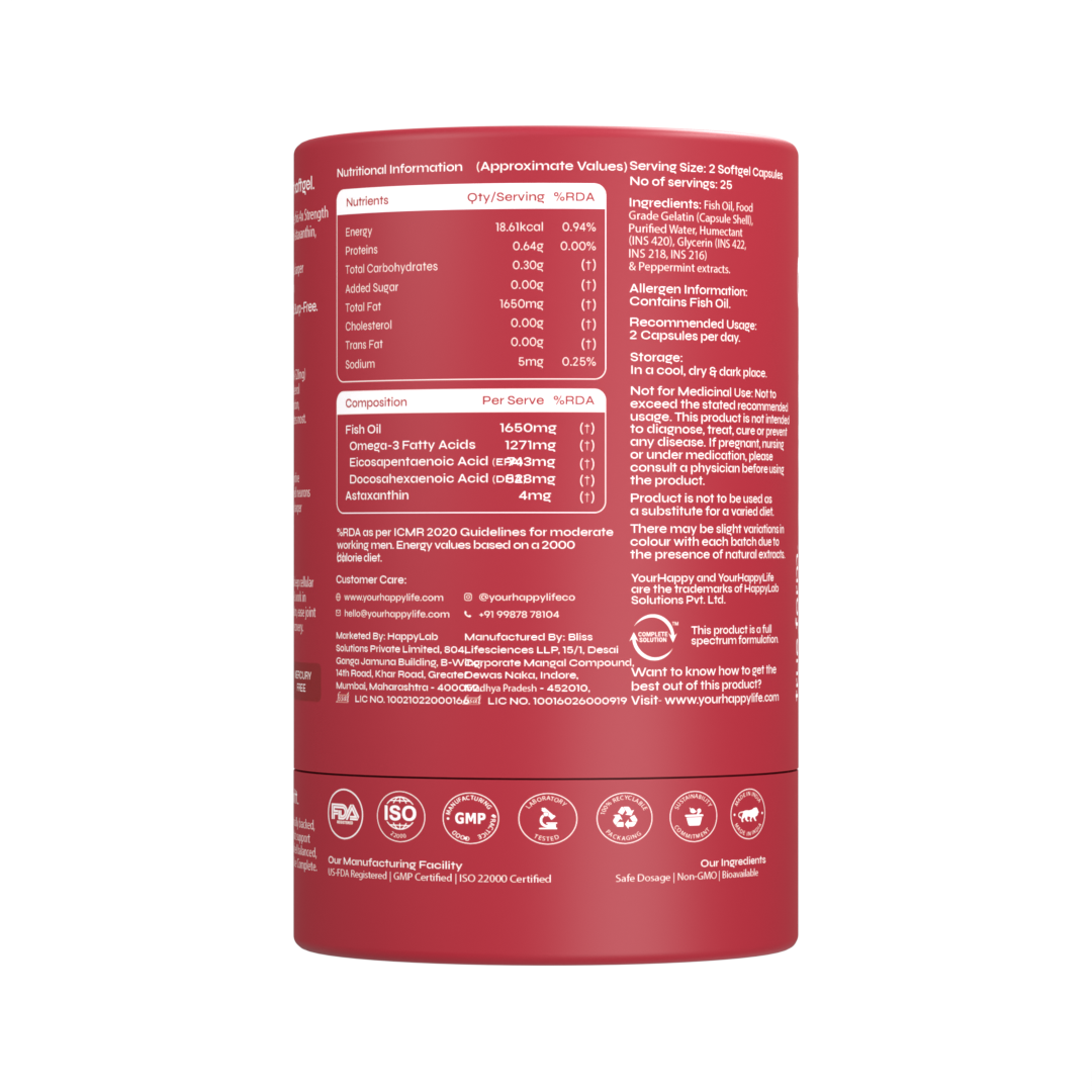 YourHappyLife Omega-3 4X Strength | 743mg EPA, 528mg DHA & Astaxanthin | 50 Softgels