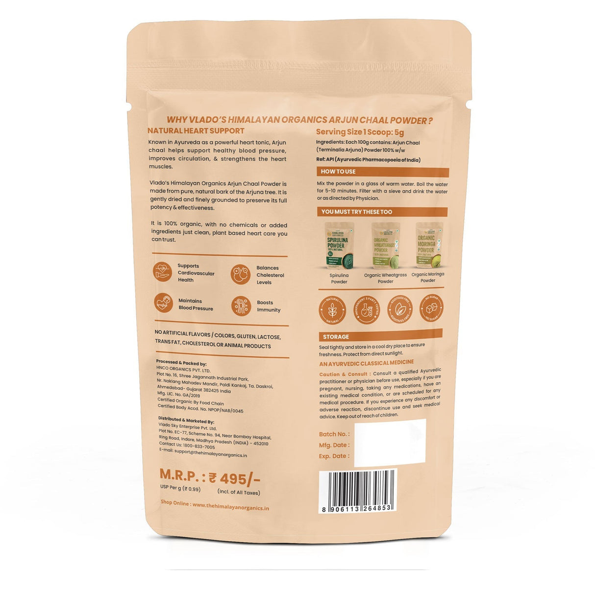Vlado's Himalayan Organics, Arjun Chaal Powder, Heart Health Support - 500g