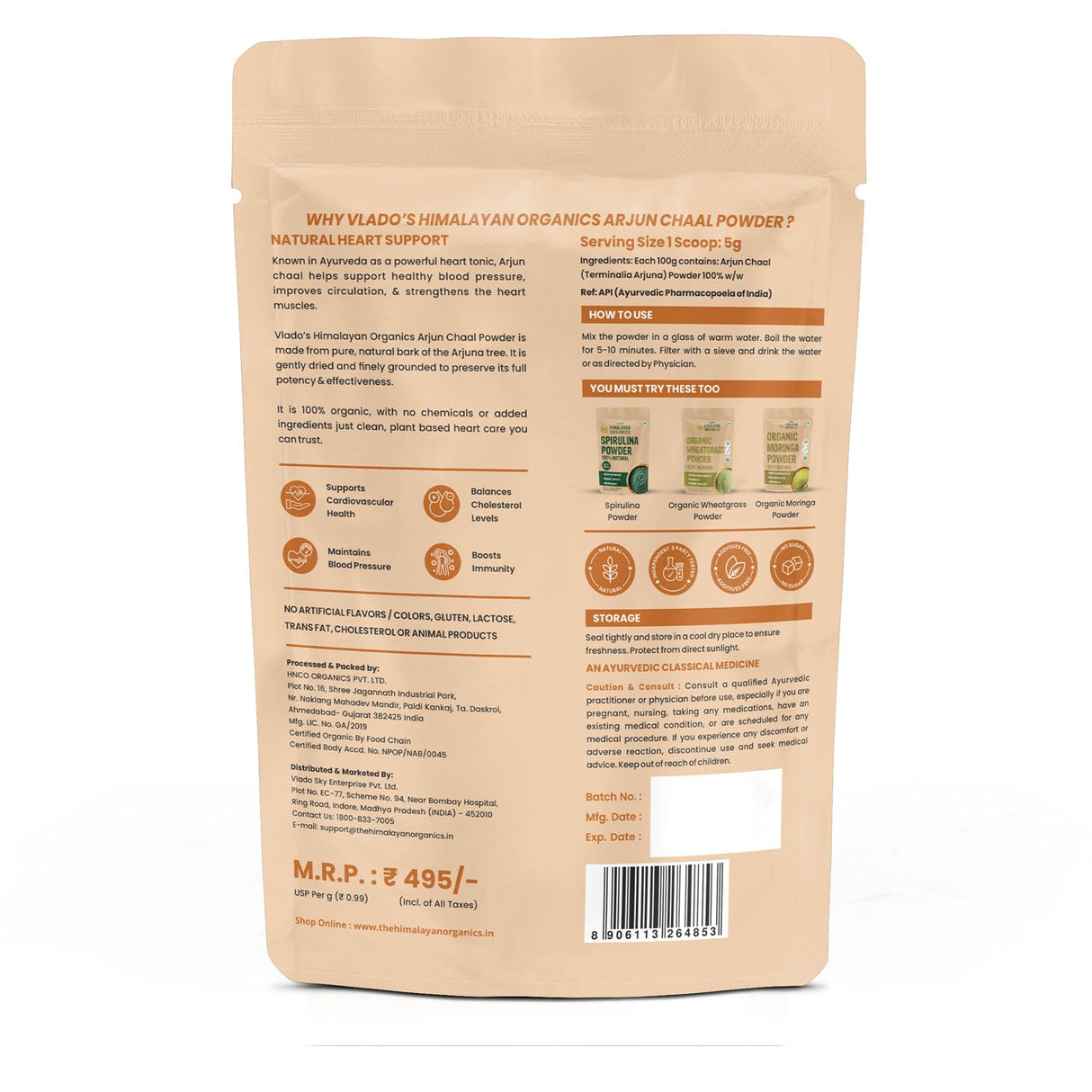 Vlado's Himalayan Organics, Arjun Chaal Powder, Heart Health Support - 500g