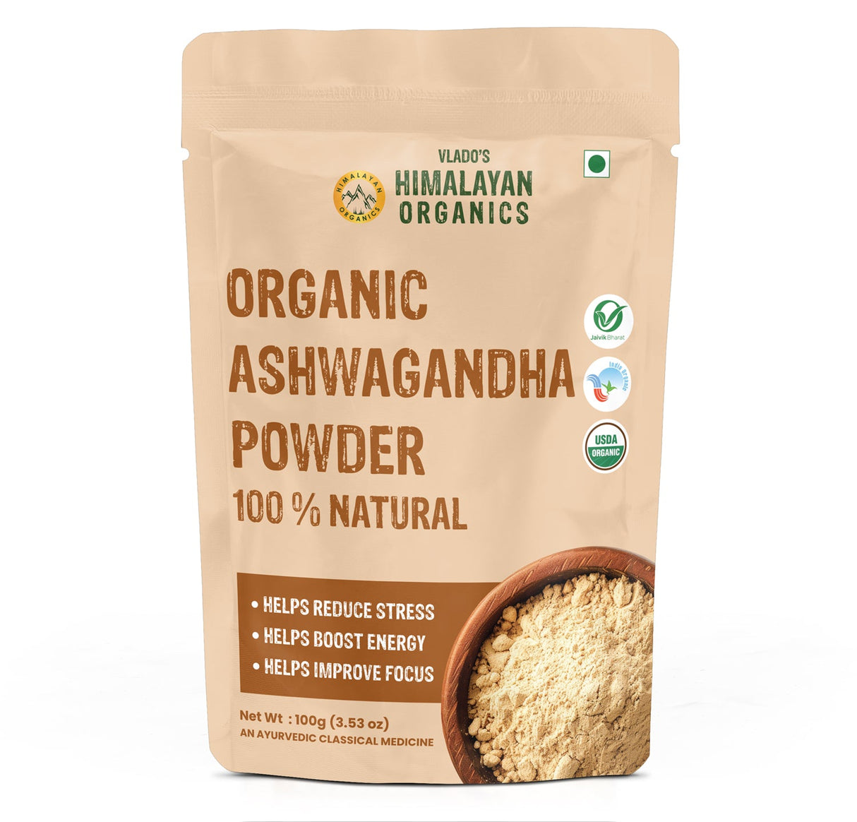 Vlado's Himalayan Organics, Ashwagandha Powder, Strength & Stress Relief - 100g