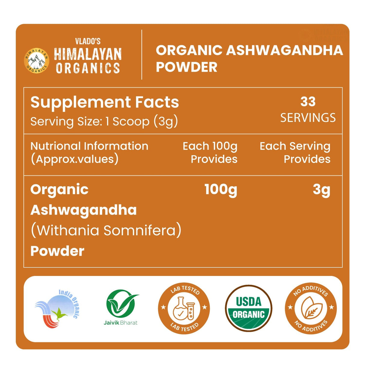 Vlado's Himalayan Organics, Ashwagandha Powder, Strength & Stress Relief - 100g