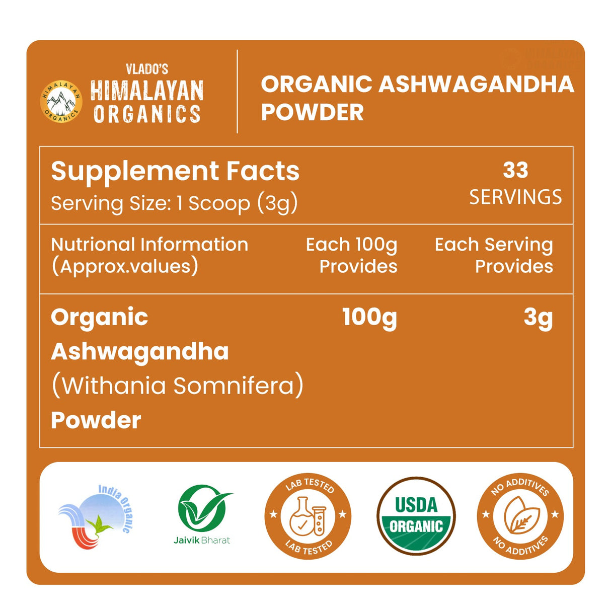 Vlado's Himalayan Organics, Ashwagandha Powder, Strength & Stress Relief - 100g