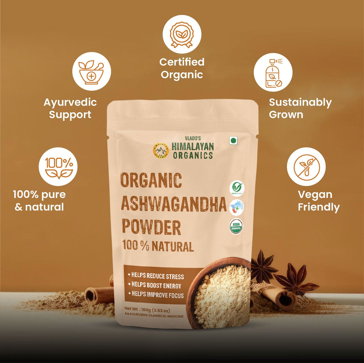 Vlado's Himalayan Organics, Ashwagandha Powder, Strength & Stress Relief - 100g