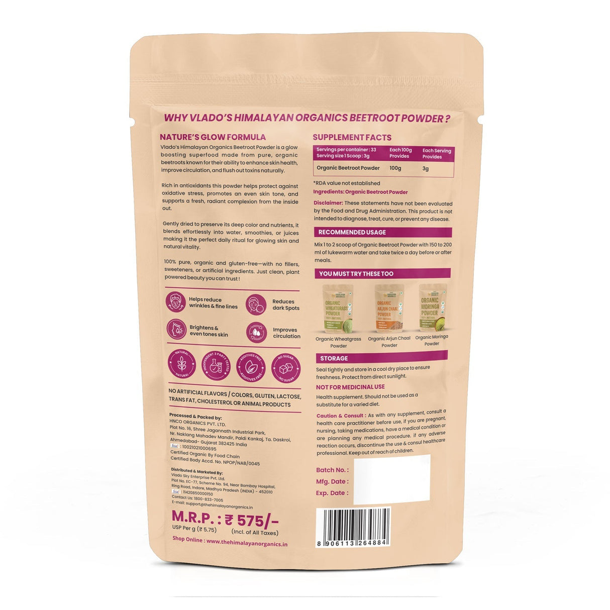 Vlado's Himalayan Organics, Beetroot Powder, Skin & Energy Booster - 100g