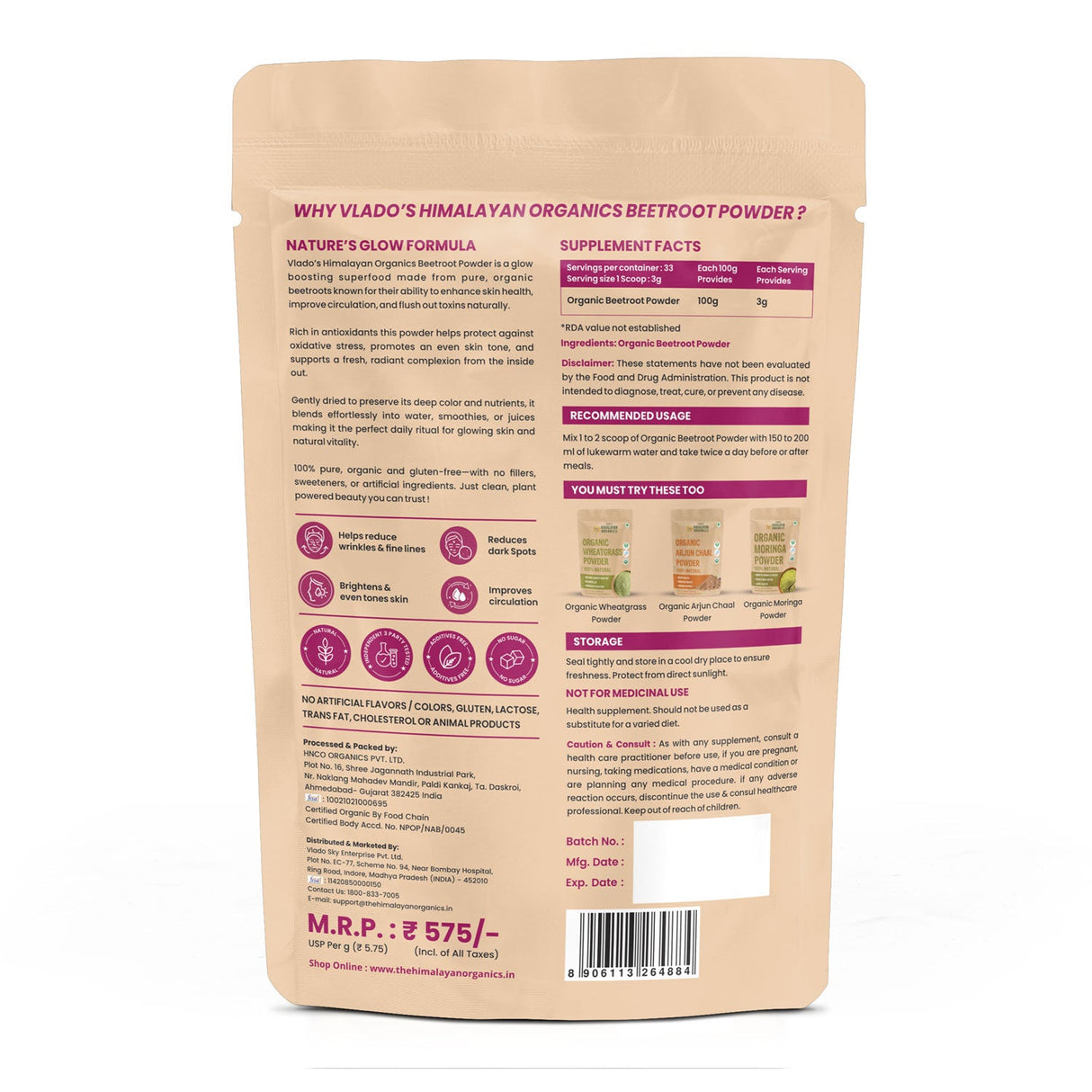 Vlado's Himalayan Organics, Beetroot Powder, Skin & Energy Booster - 100g