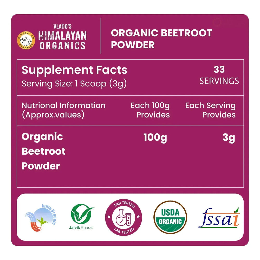 Vlado's Himalayan Organics, Beetroot Powder, Skin & Energy Booster - 100g