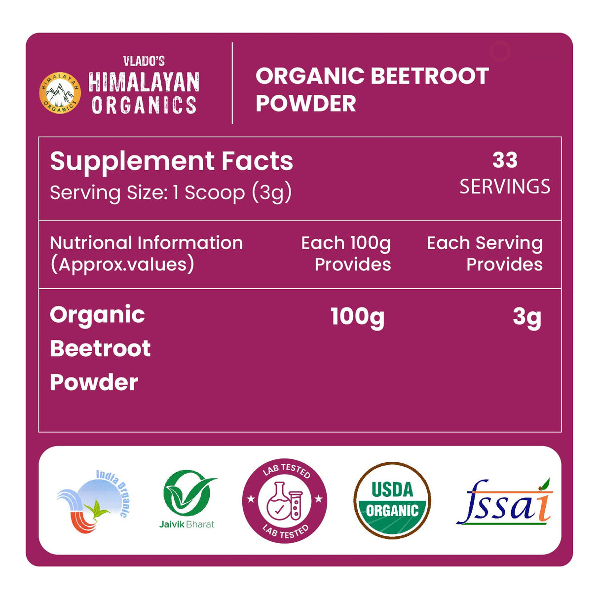 Vlado's Himalayan Organics, Beetroot Powder, Skin & Energy Booster - 100g