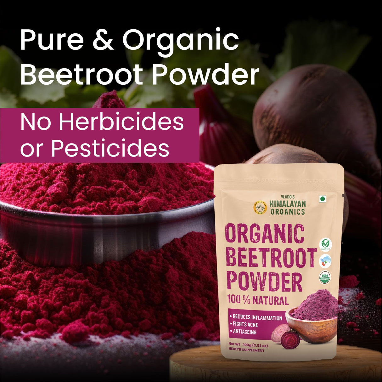 Vlado's Himalayan Organics, Beetroot Powder, Skin & Energy Booster - 100g