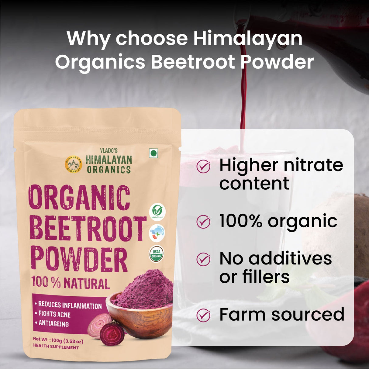 Vlado's Himalayan Organics, Beetroot Powder, Skin & Energy Booster - 100g