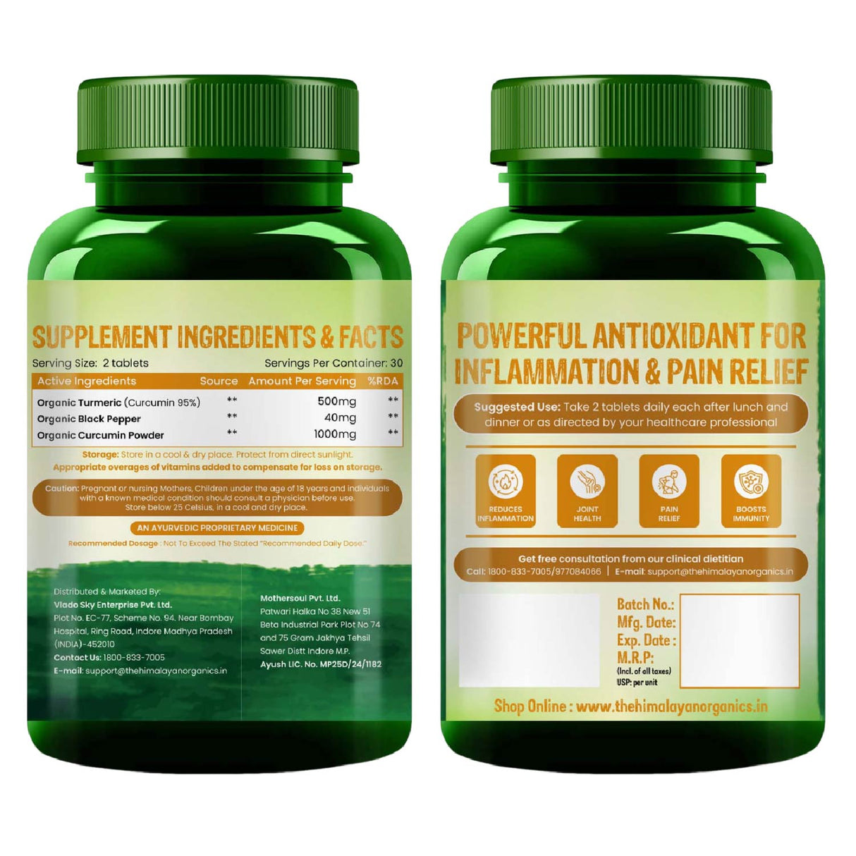 Vlado's Himalayan Organics, Curcumin Tablets 1500mg with Black Pepper, Anti-Inflammatory Supplement - 60 Veg Tablets